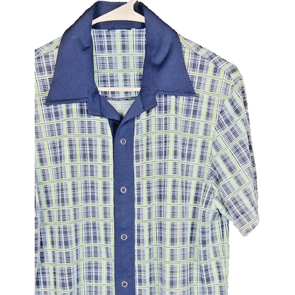 Vintage 70s‎ Disco Plaid Knit Snap Front Shirt Dagger Collar Retro Blue Green